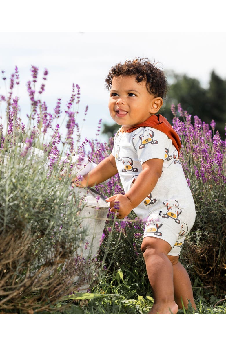 Deux par Deux Baby Boy's Organic Cotton Hooded Romper Heather Beige With Printed Dog, Alternate, color, 