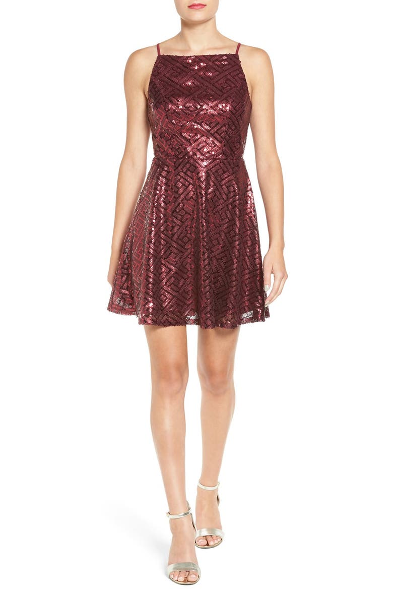 Sequin Fit & Flare Dress, Main, color, WINE