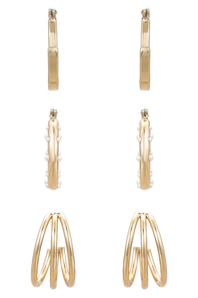 Triple Hoop Earrings Set, Alternate, color, GOLD