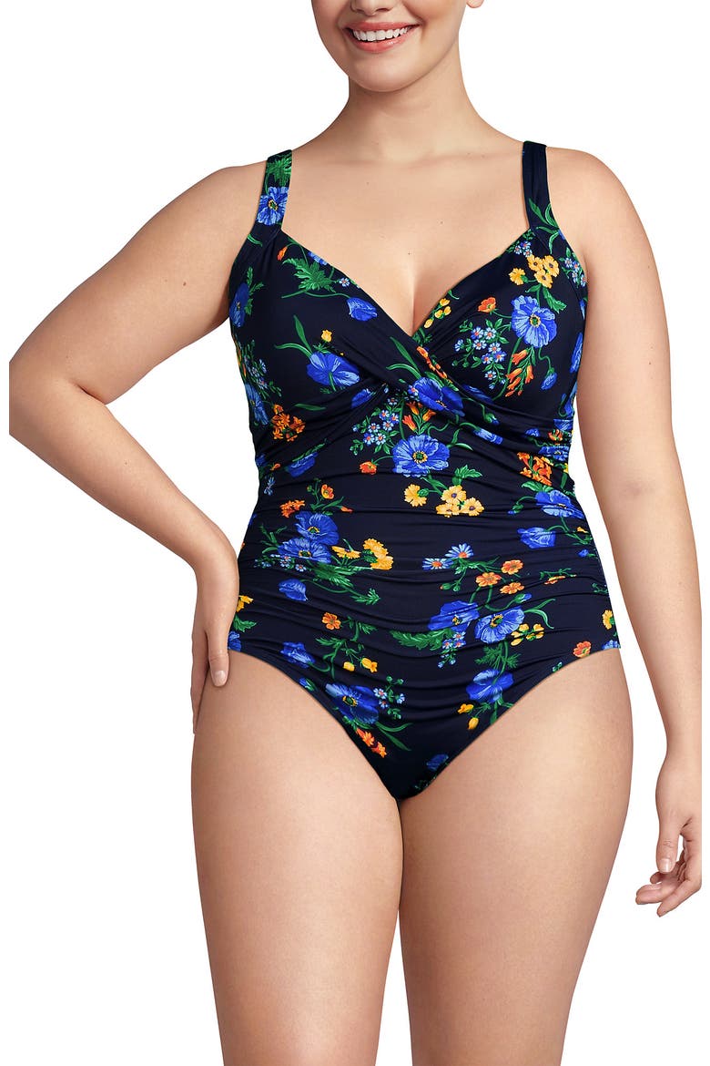 Plus Size Sweetheart Underwire Wrap One Piece Swimsuit, Alternate, color, Navy/Tossed Poppy Floral