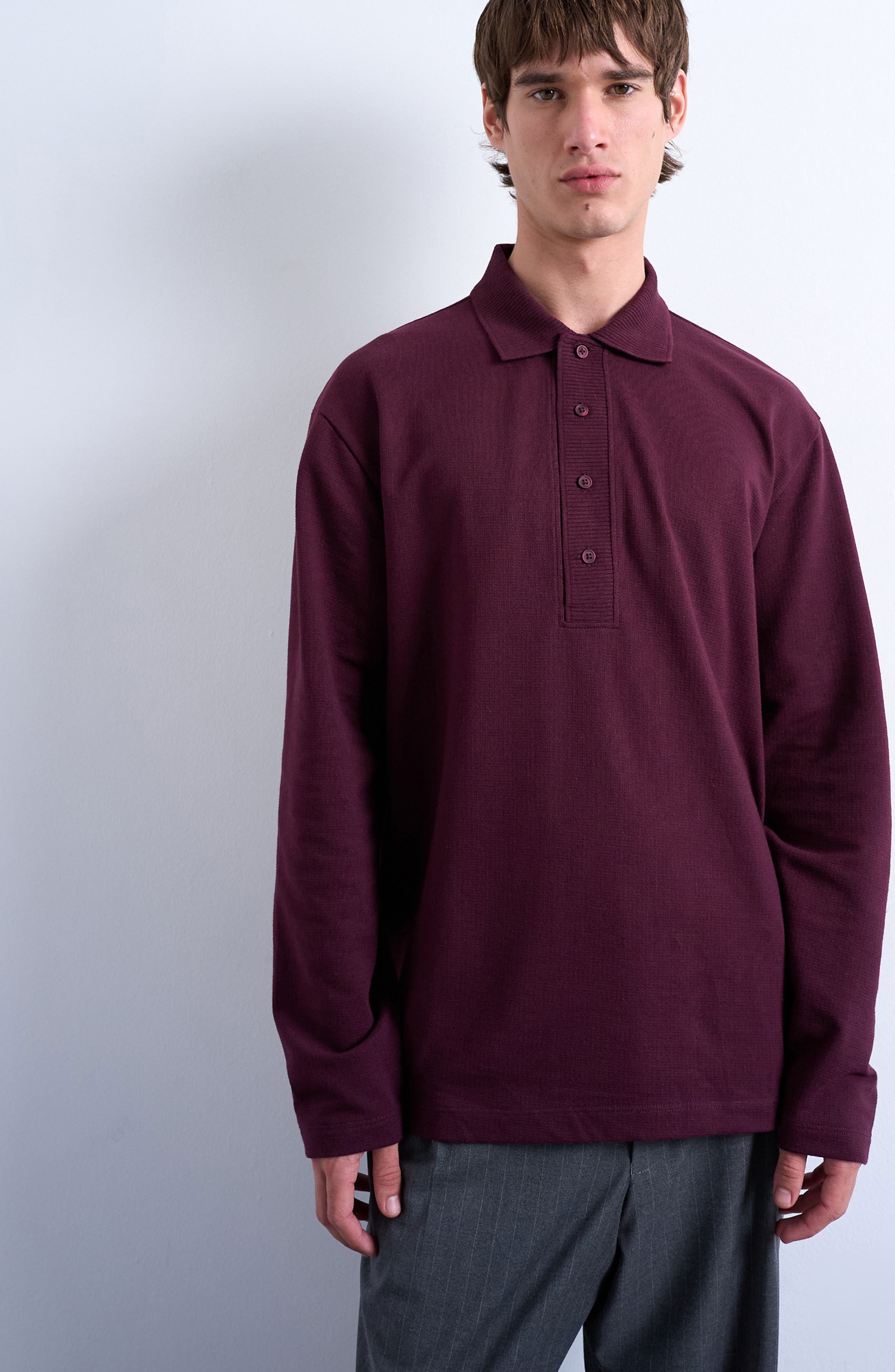 Textured Long Sleeve Polo