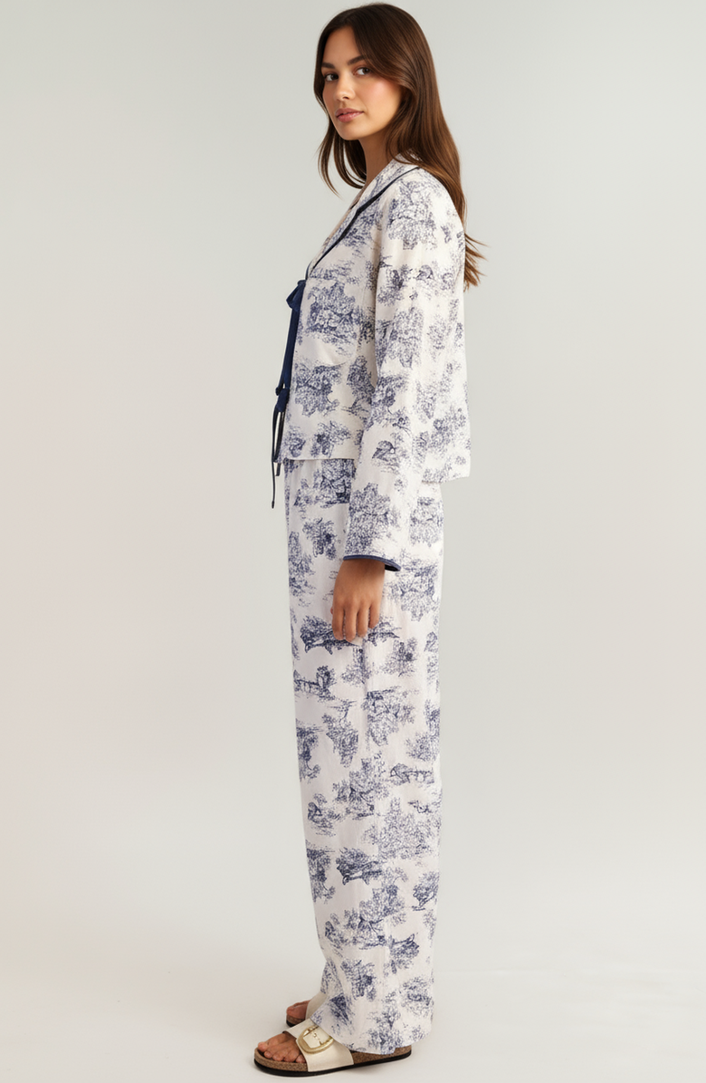 Modenaire Printed Button-Up Pajama Set with Contrast Trim and Ribbon Tie, Alternate, color, Toile Print