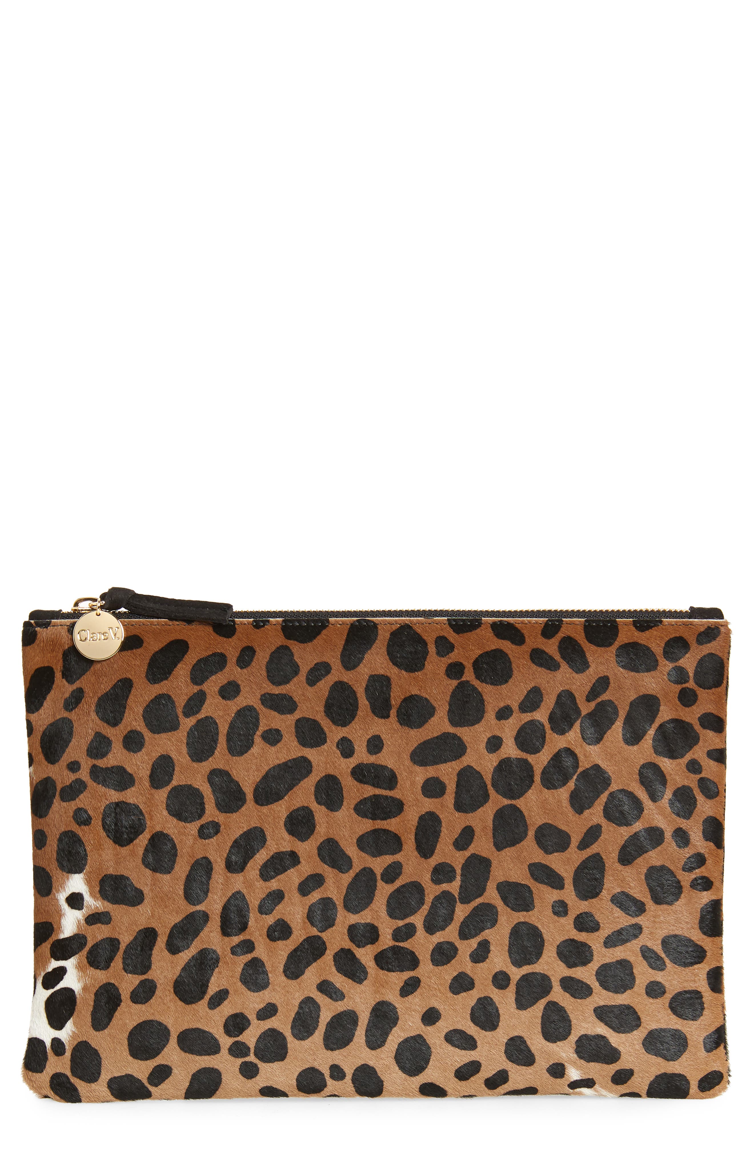 Clare V. Leopard Print Genuine Calf Hair Clutch, Main, color, 