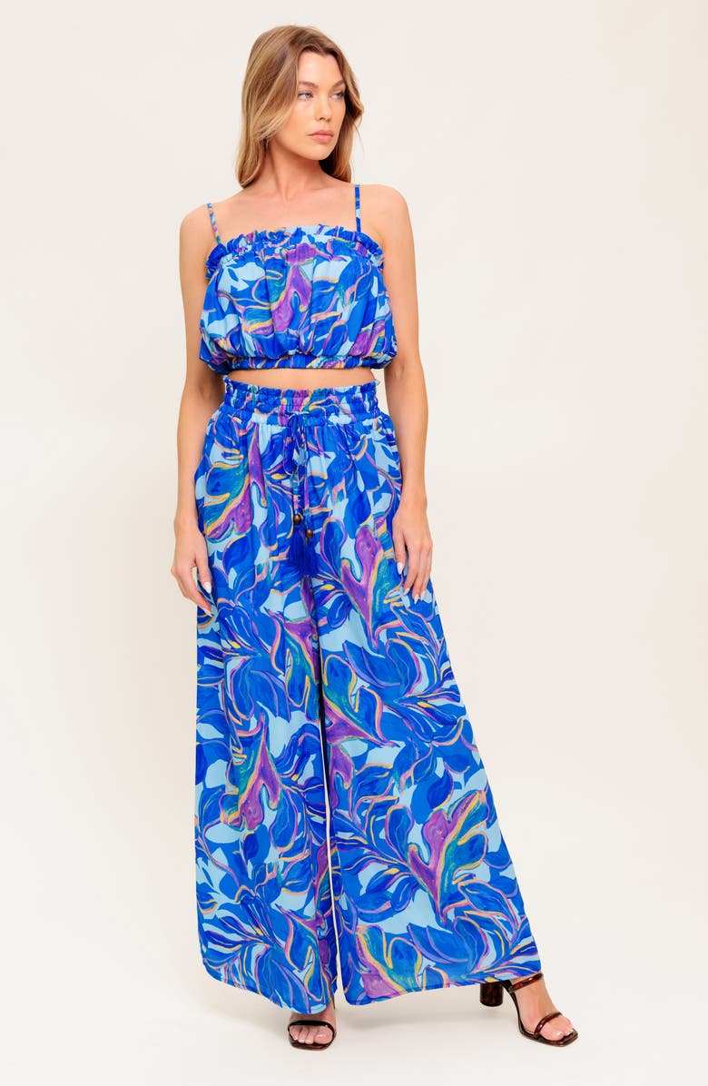 FLYING TOMATO Print Bubble Crop Top & Wide Leg Pants Set, Alternate, color, Blue