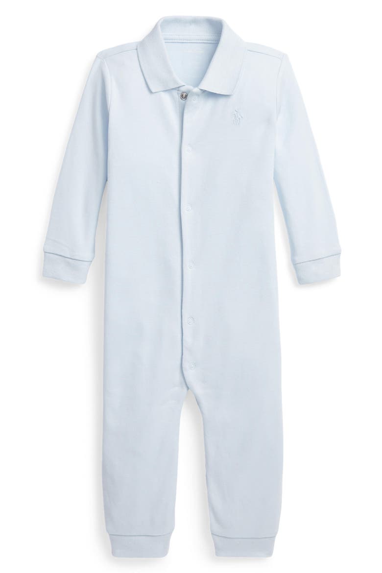 Snap Front Cotton Polo Romper, Main, color, BERYL BLUE