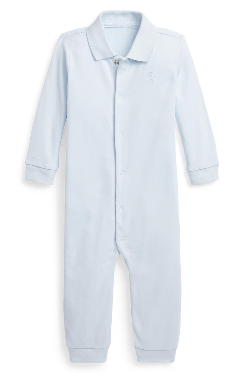 Ralph Lauren Snap Front Cotton Polo Romper, Main, color, Beryl Blue
