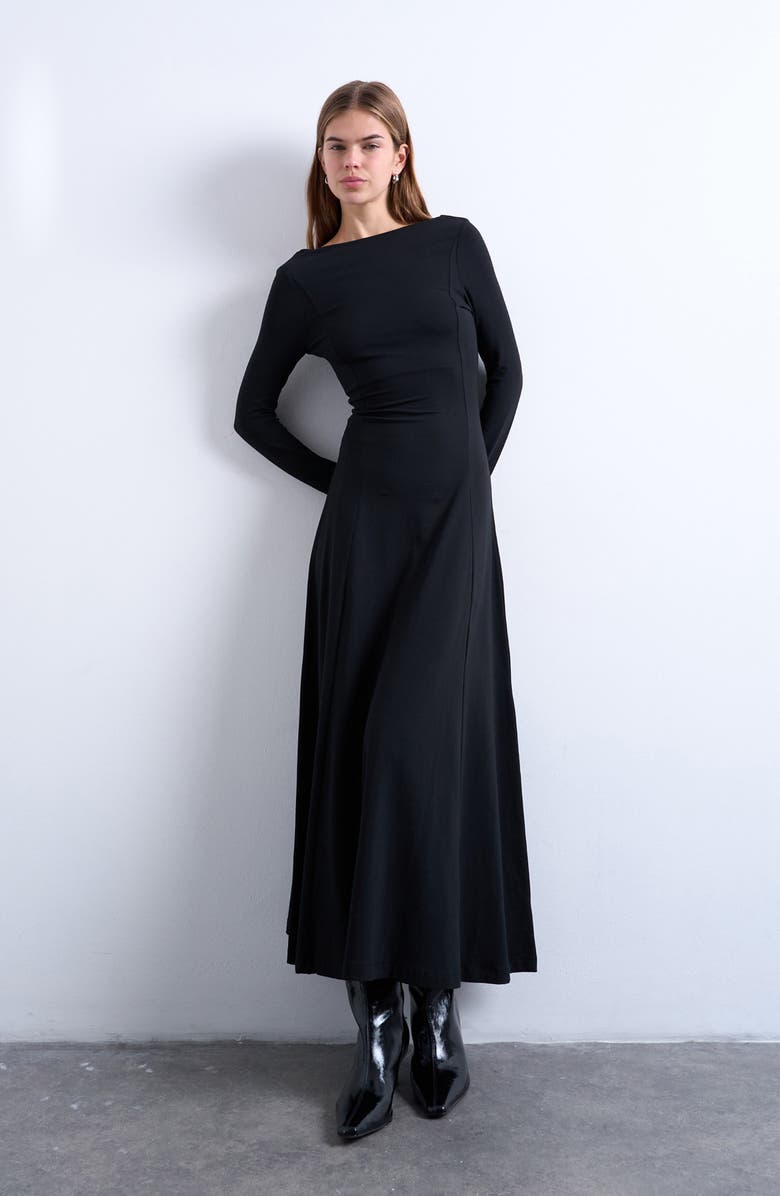 Topshop Scoop Back Long Sleeve Maxi Dress, Main, color, Black