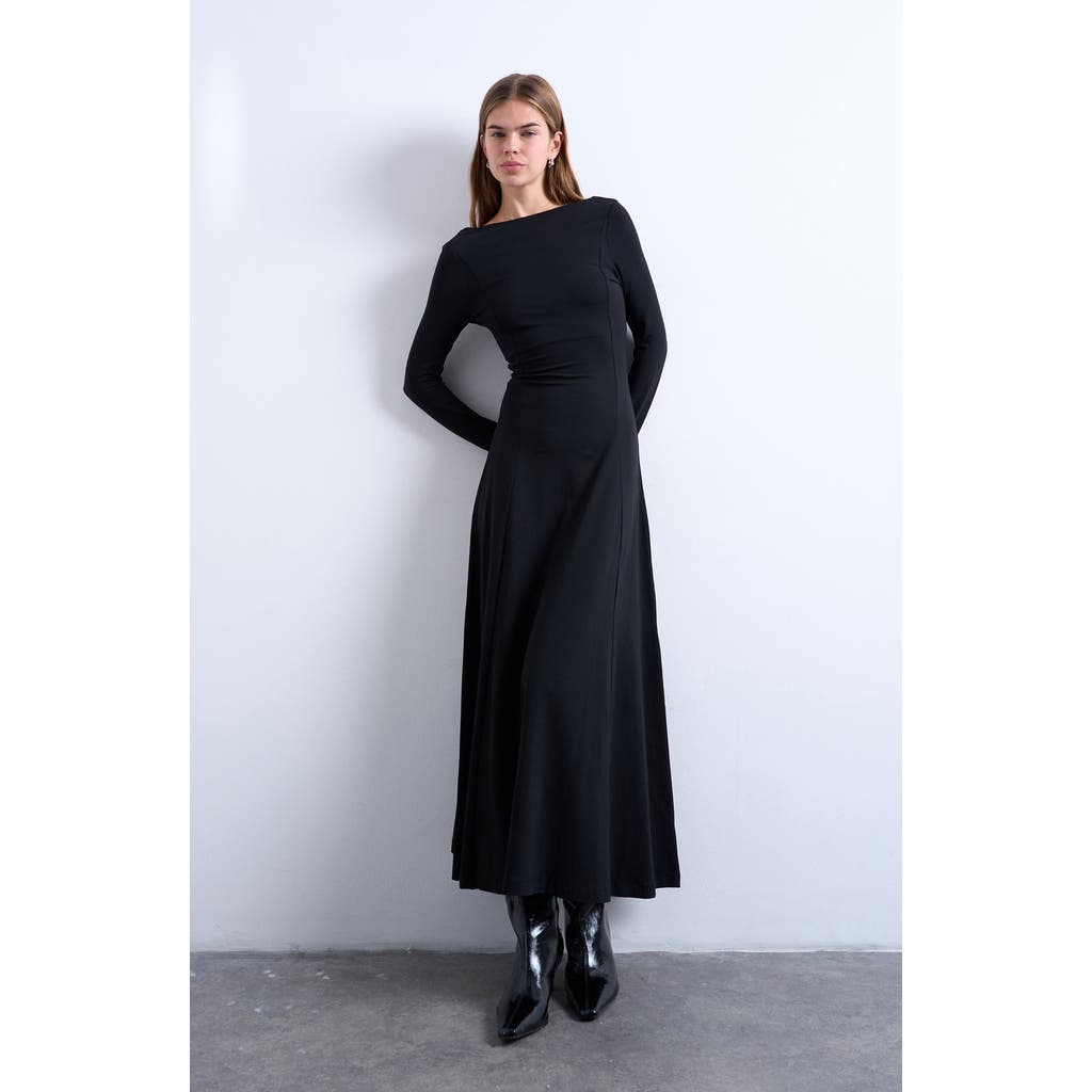 Topshop Scoop Back Long Sleeve Maxi Dress In Black