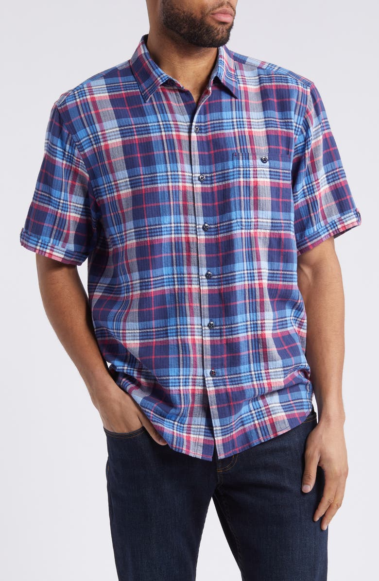 Tommy Bahama Beachside Plaid Short Sleeve Stretch Button-Up Shirt, Main, color, Island Navy