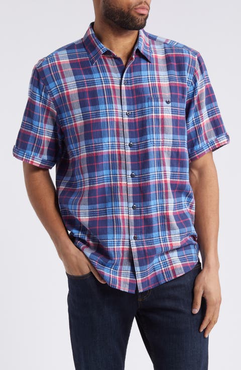 Beachside Plaid Short Sleeve Stretch Button-Up Shirt