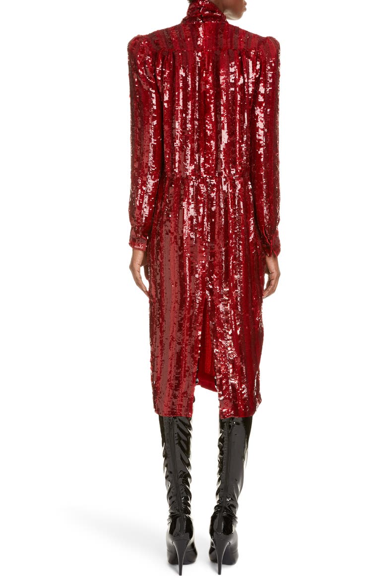 Tie Neck Long Sleeve Sequin Midi Dress, Alternate, color, ROUGE ROYAL