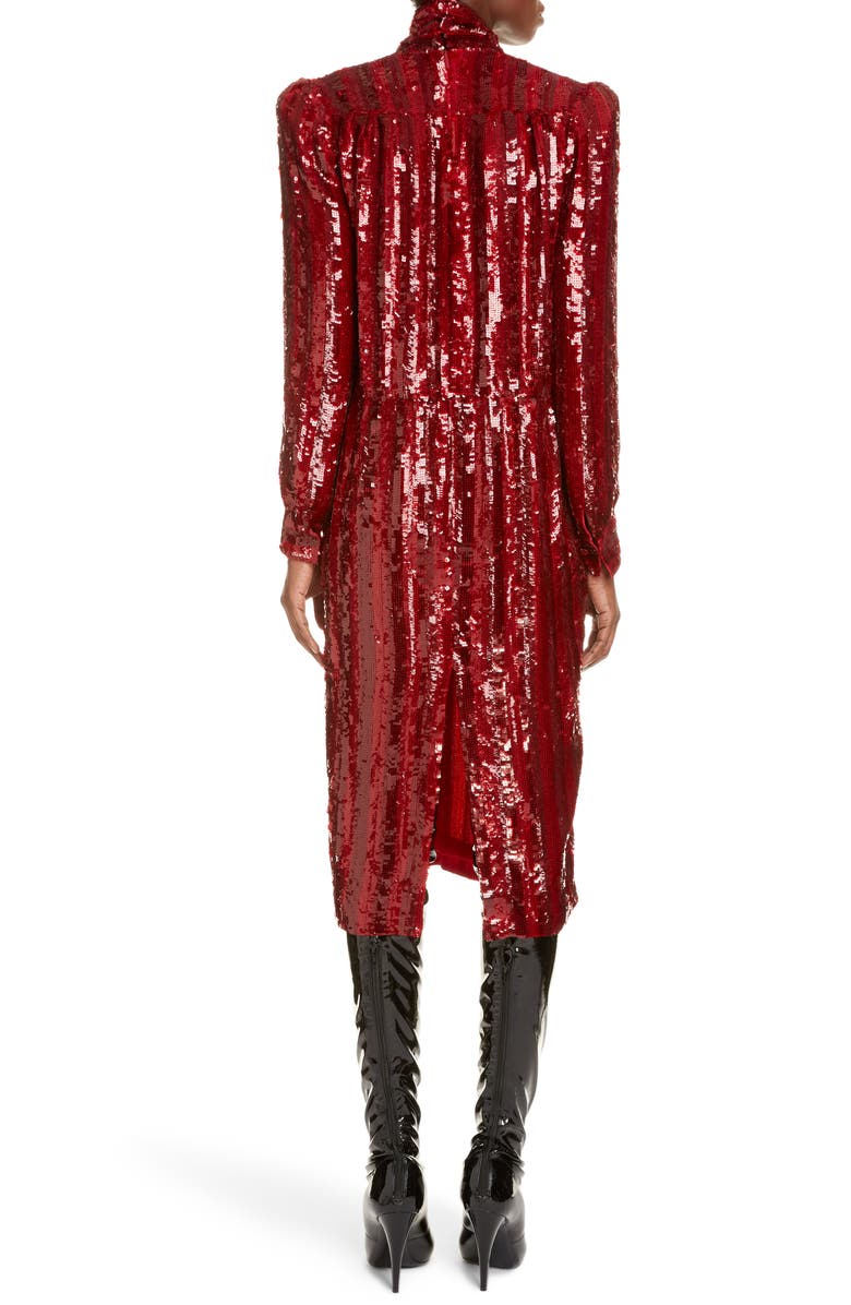 Saint Laurent Tie Neck Long Sleeve Sequin Midi Dress, Alternate, color,