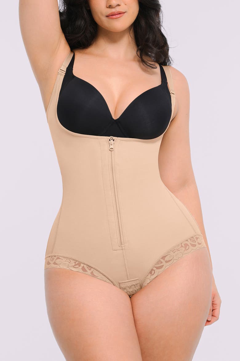 AirSlim® Zipper Front Open Bust Brief Bodysuit, Alternate, color, Pinkish Beige