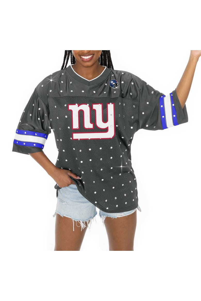 Women's Gameday Couture Anthracite New York Giants Kickoff Time Allover Rhinestone Sports Stripe Jersey V-Neck T-Shirt, Alternate, color, Anthracite