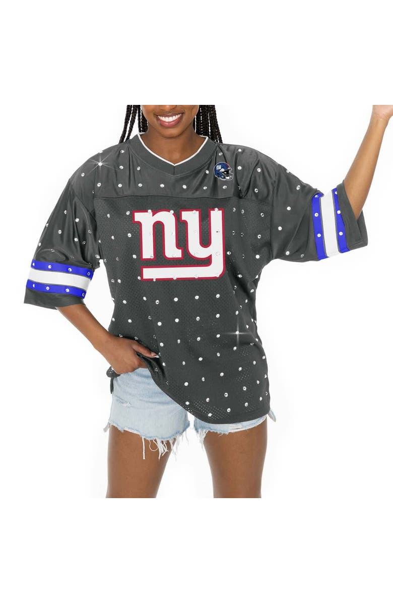 GAMEDAY COUTURE Women's Gameday Couture Anthracite New York Giants Kickoff Time Allover Rhinestone Sports Stripe Jersey V-Neck T-Shirt, Alternate, color, Anthracite