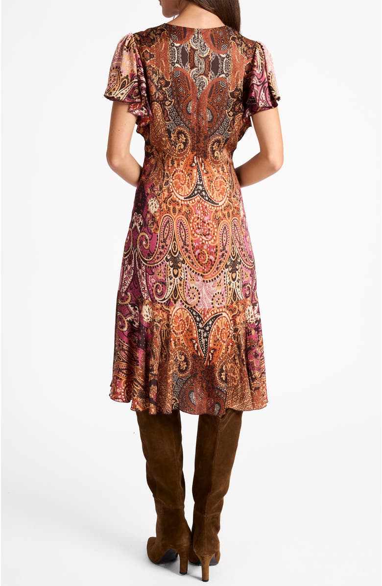 Santorelli Grazia Flutter Sleeve Sheath Dress in Printed Charmeuse, Alternate, color, Chestnut Multi