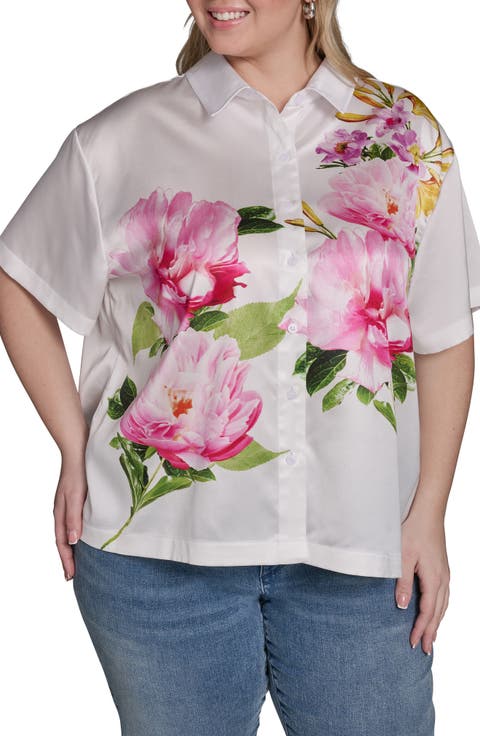Floral Placement Print Button-Up Shirt (Plus)