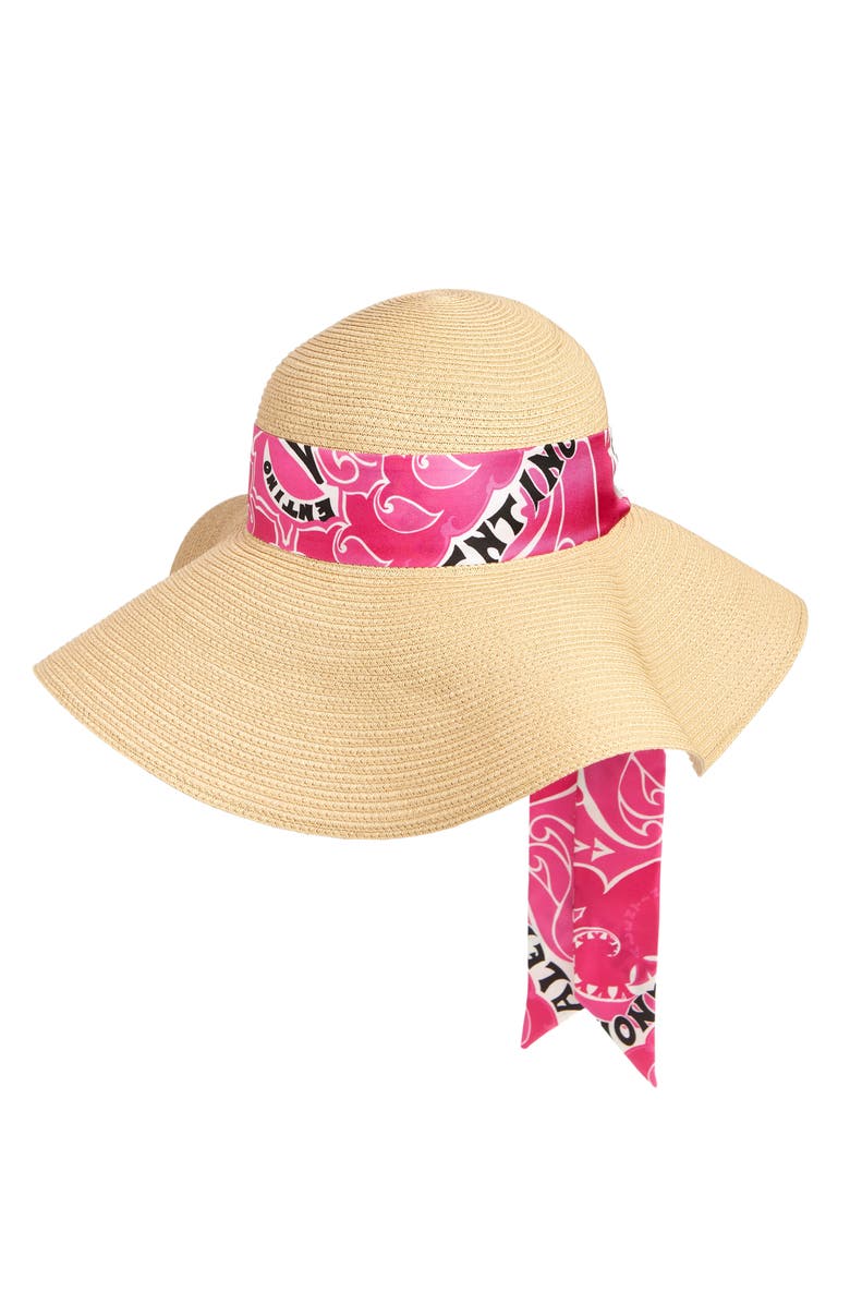 Valentino Garavani Roman Stud Silk Scarf Straw Floppy Hat, Main, color, 