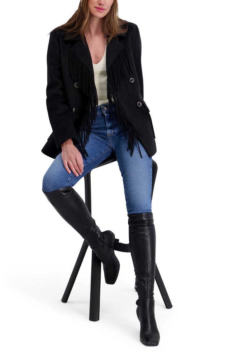 Fringe Trim Twill Peacoat, Alternate, color, BLACK