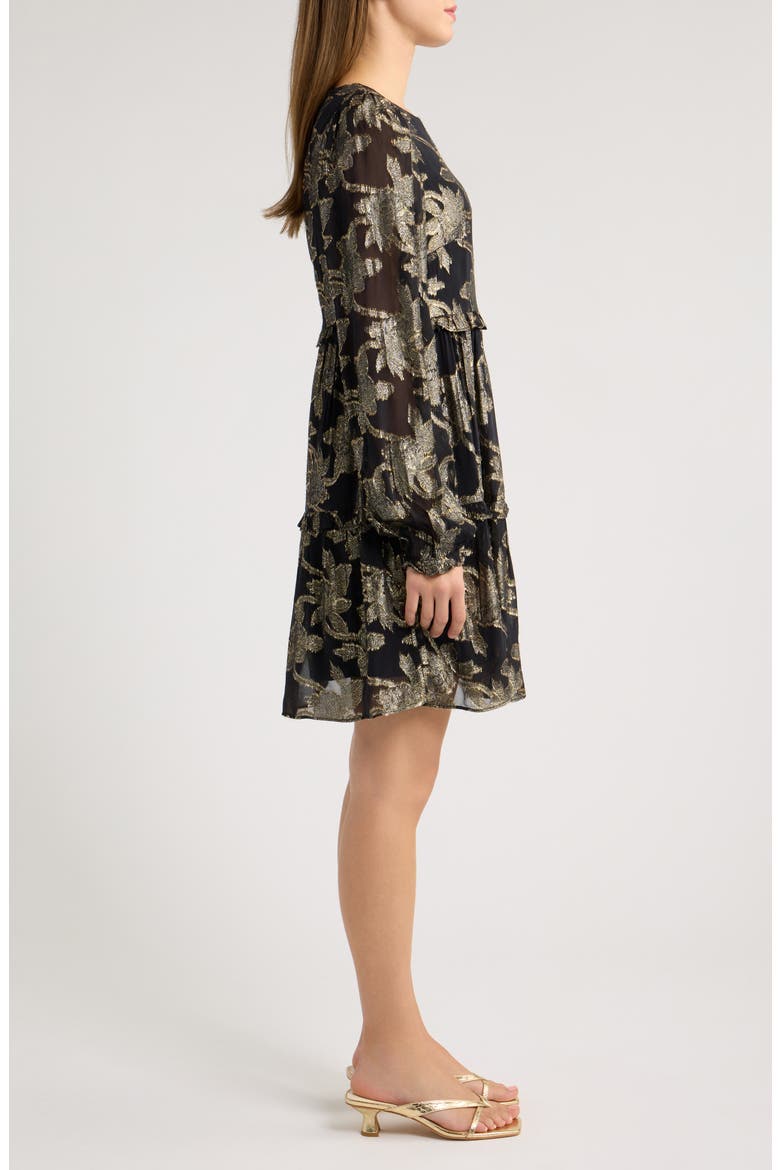 Cecile Long Sleeve Metallic Minidress, Alternate, color, NOIR FALLING FLORAL