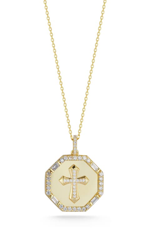 14K Gold Plate Cubic Zirconia Cross Coin Pendant Necklace