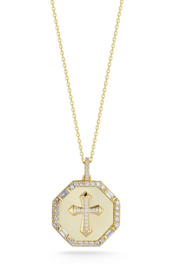 Chloe & Madison Chloe And Madison 14k Gold Plate Cubic Zirconia Cross Coin Pendant Necklace In Gold