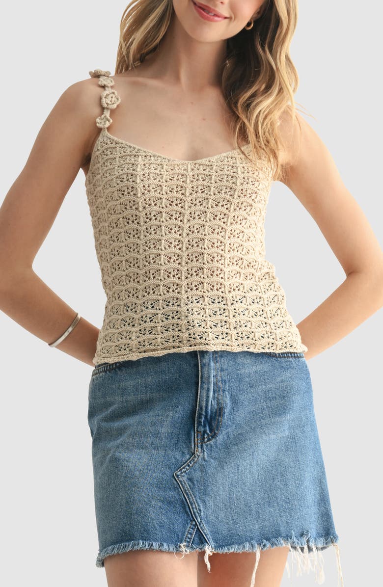All in Favor Rose Applique Open Stitch Sweater Tank, Main, color, Taupe