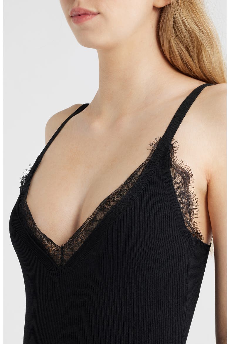Asymmetric Lace Trim Rib Sweater Dress, Alternate, color, BLACK