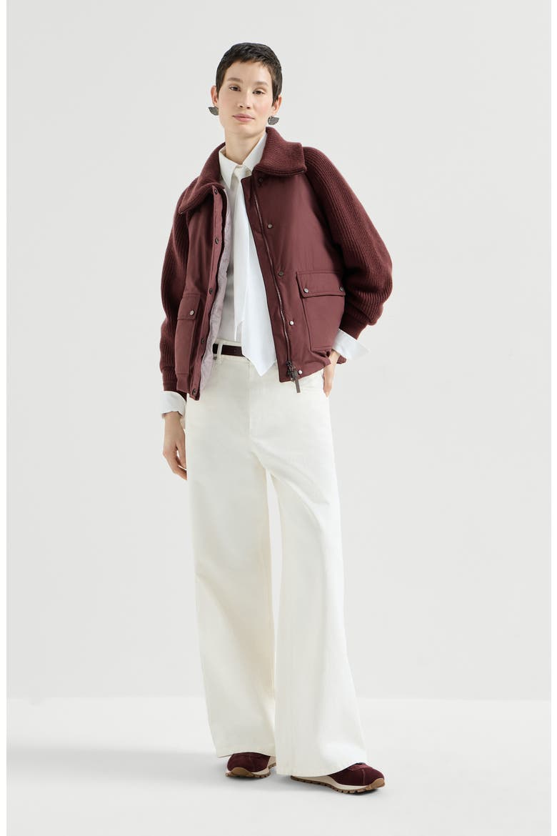 Techno cotton taffeta and virgin wool, cashmere and silk knit down jacket with shiny zipper pull, Alternate, color, Burgundy