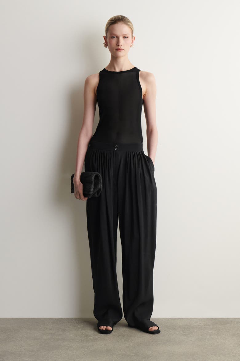 Draped Pleated Straight-leg Trousers, Main, color, BLACK