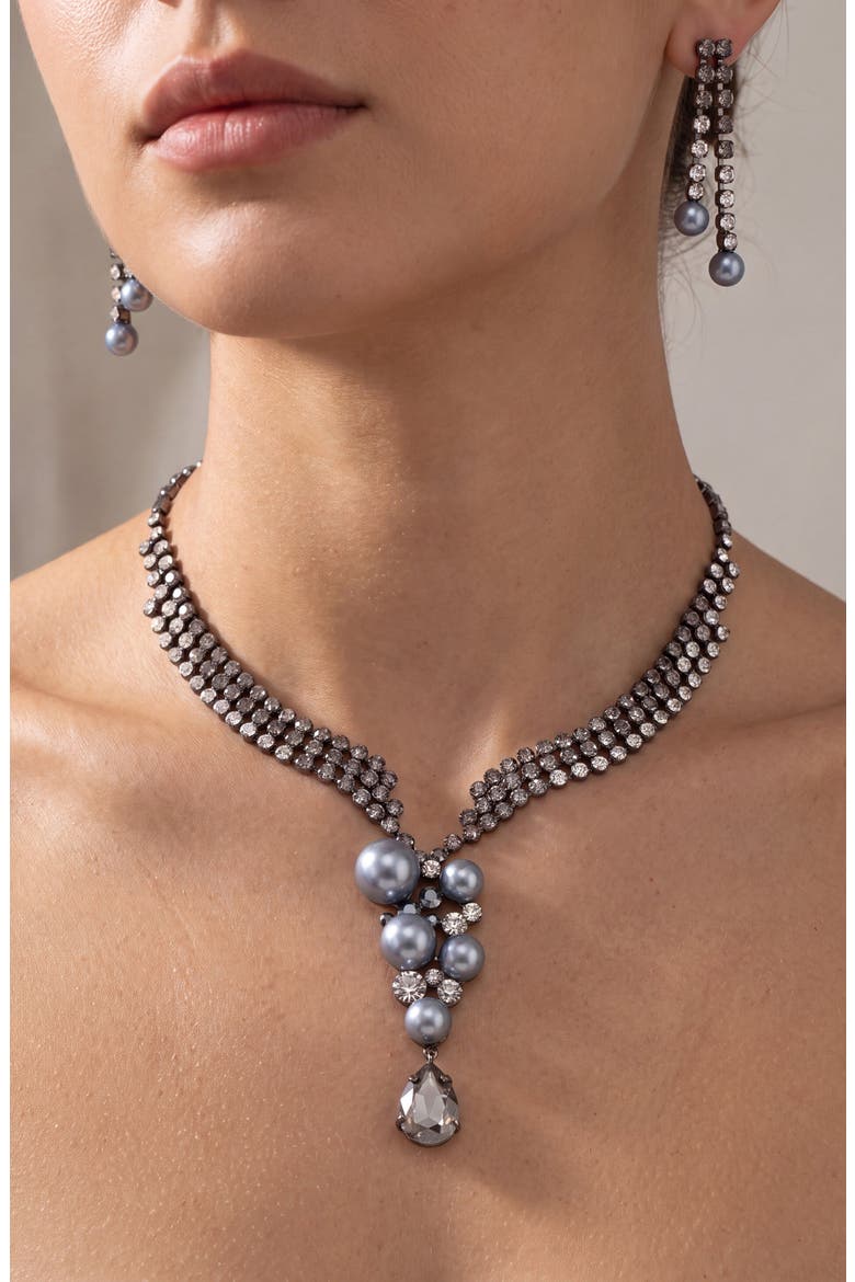 Pearl Crystal Trickling Necklace and Earring Set, Alternate, color, Gunmetal