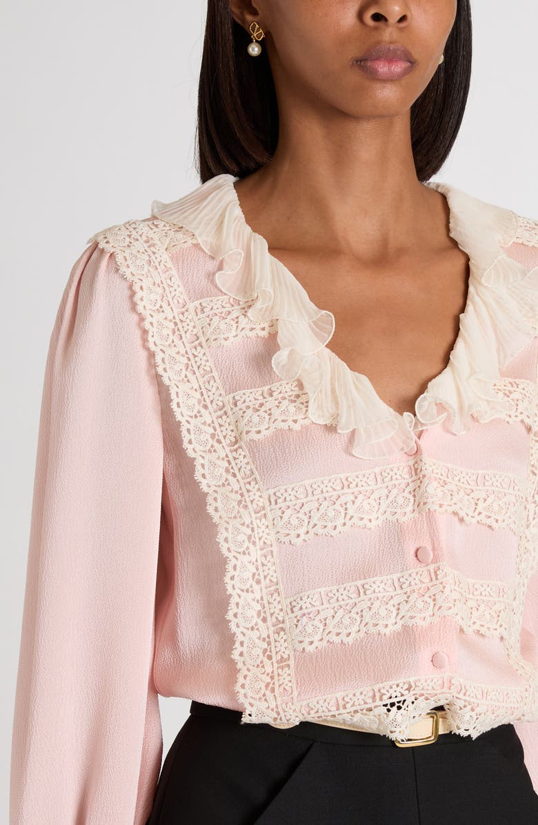 Valentino Garavani Lace Trim Chiffon Ruffle Hammered Satin Shirt, Alternate, color, Light Pink/ Ivory