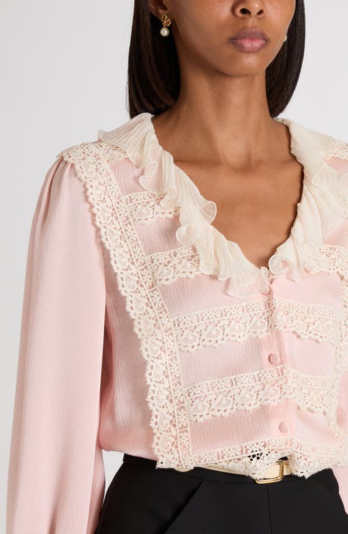 Valentino Ruffle V-neck Lace Trim Silk Shirt In Pink