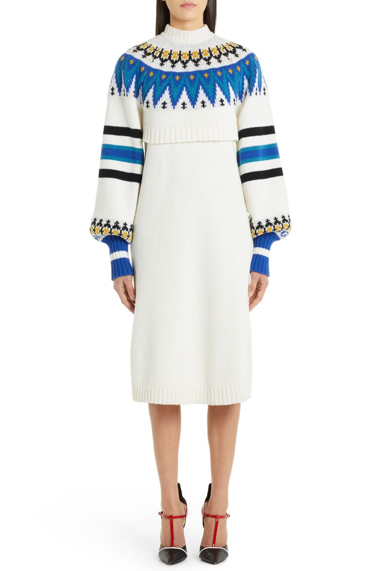 Fair Isle Wool Blend Layered Sweater Dress, Main, color, 01 WHITE