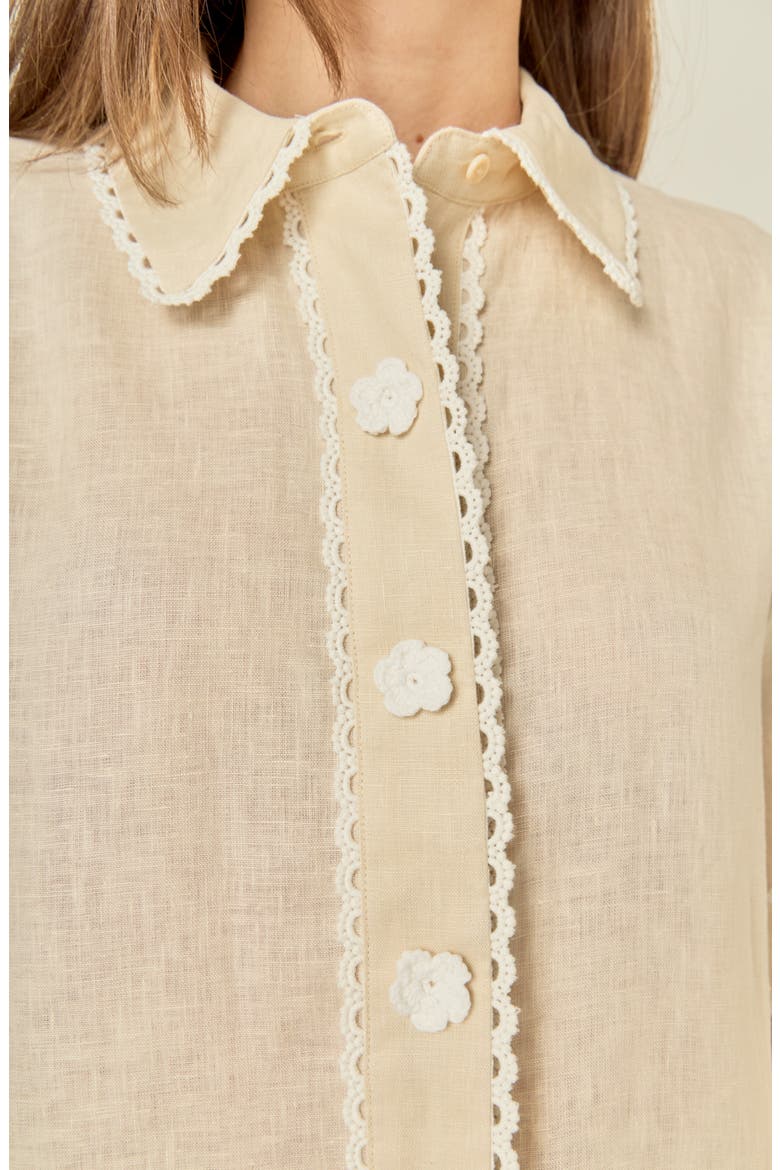 Floral Detailed Short Sleeve Linen Shirt, Alternate, color, LIGHT BEIGE