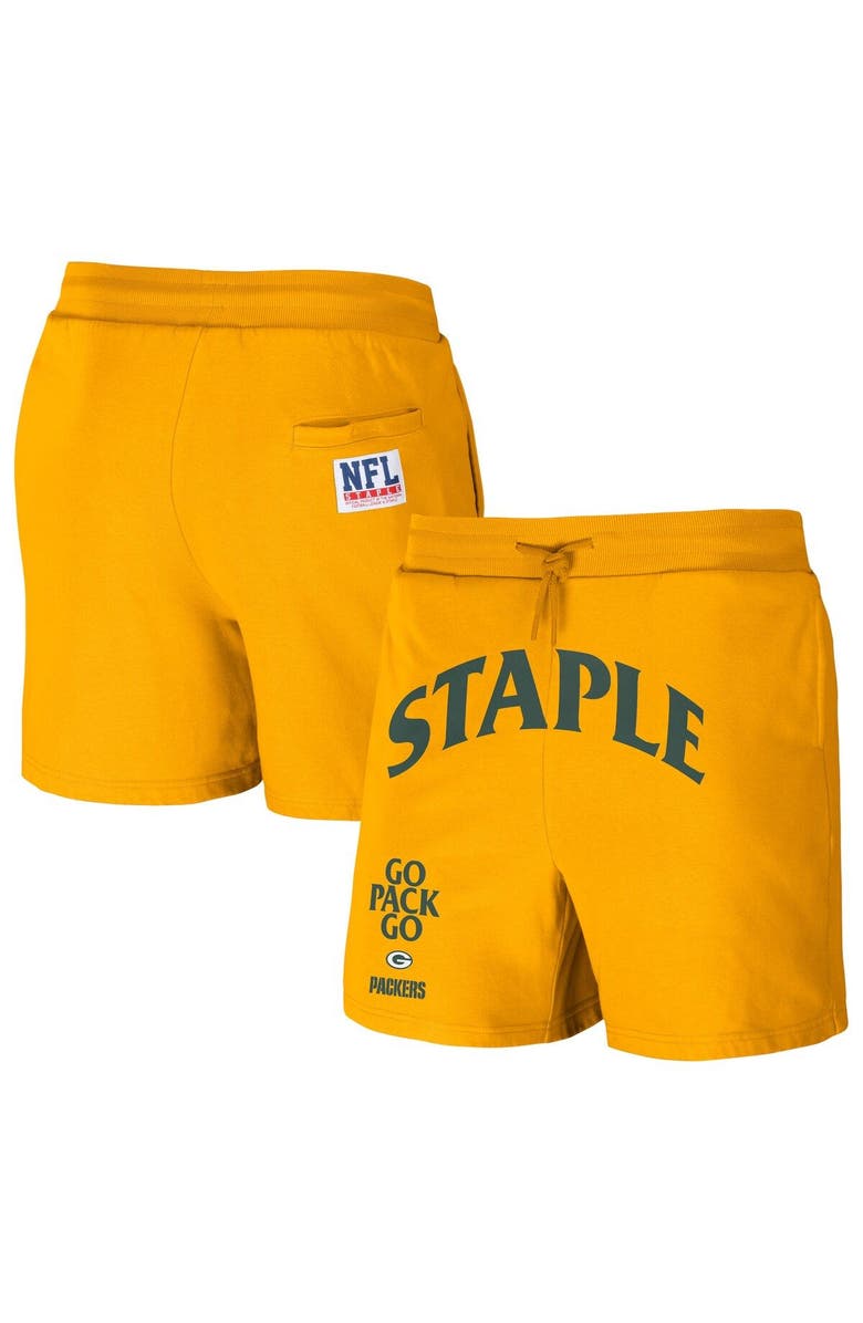 STAPLE Men's NFL x Staple Gold Green Bay Packers Throwback Vintage Wash Fleece Shorts, Main, color, 