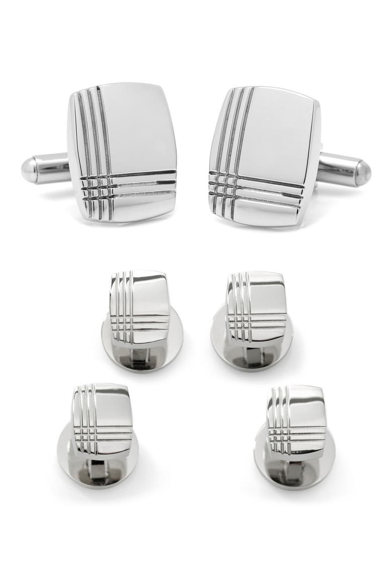 Tartan Cuff Link & Stud Set, Alternate, color, SILVER