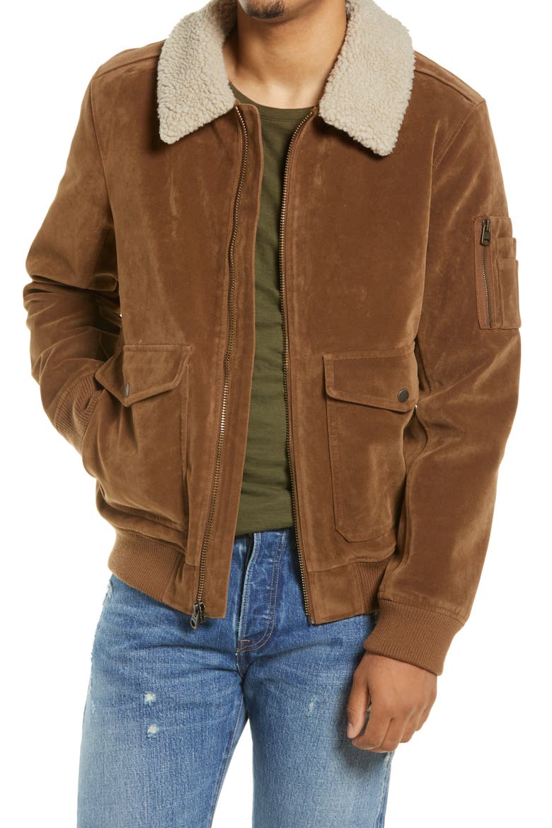 Levi's® Faux Suede Aviator Bomber Jacket with Removable Faux Shearling Collar, Main, color, COGNAC/ CREAM