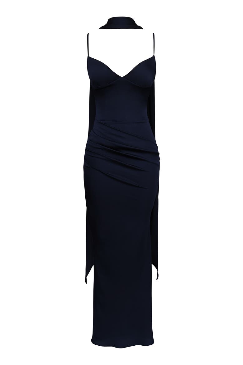 Freya Gathered Satin Spaghetti Strap Gown with Scarf, Alternate, color, NAVY