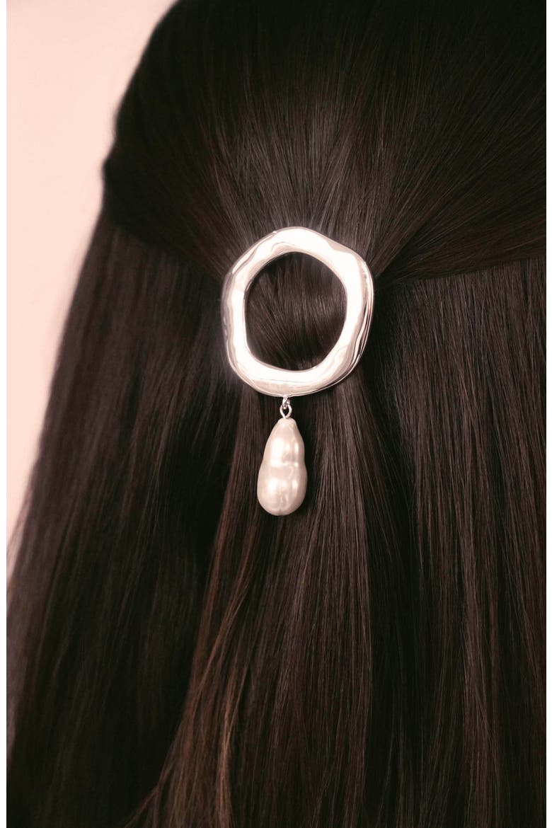 Open Circle Imitation Pearl Barrette, Alternate, color, SILVER