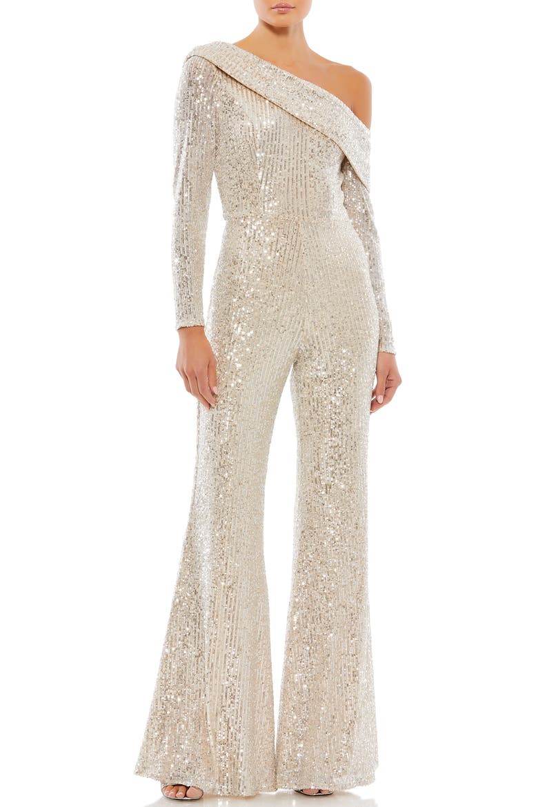 Sequin One-Shoulder Long Sleeve Jumpsuit, Main, color, NUDE SILVER