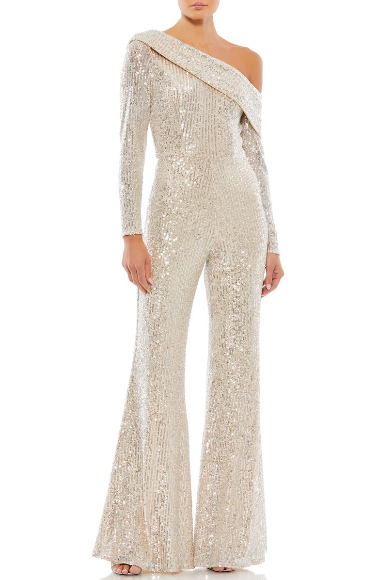 Mac Duggal Sequin One-Shoulder Long Sleeve Jumpsuit, Main, color, 