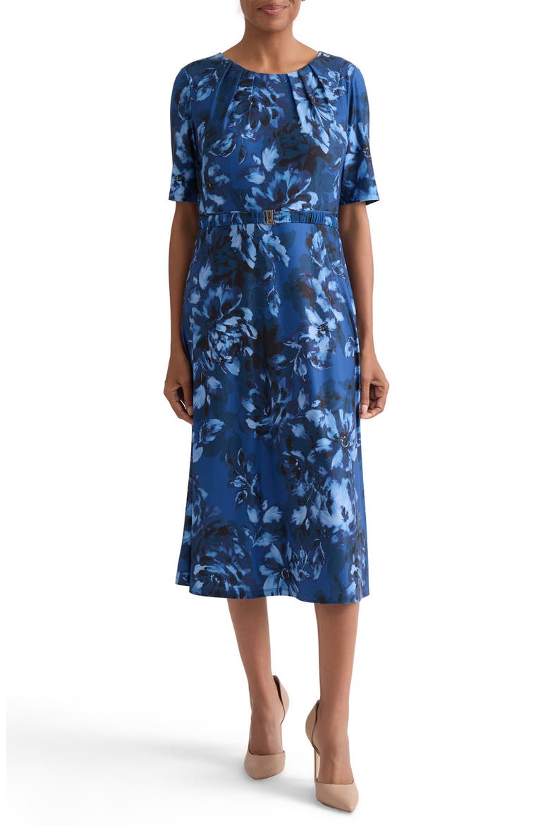 Floral Belted A-Line Dress, Main, color, BLUE NIGHT MULTI