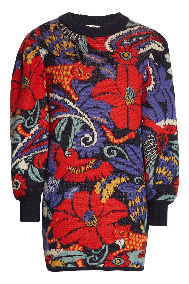Jungle Pattern Long Sleeve Crewneck Sweater Dress, Alternate, color, VINTAGE FOREST BLUE