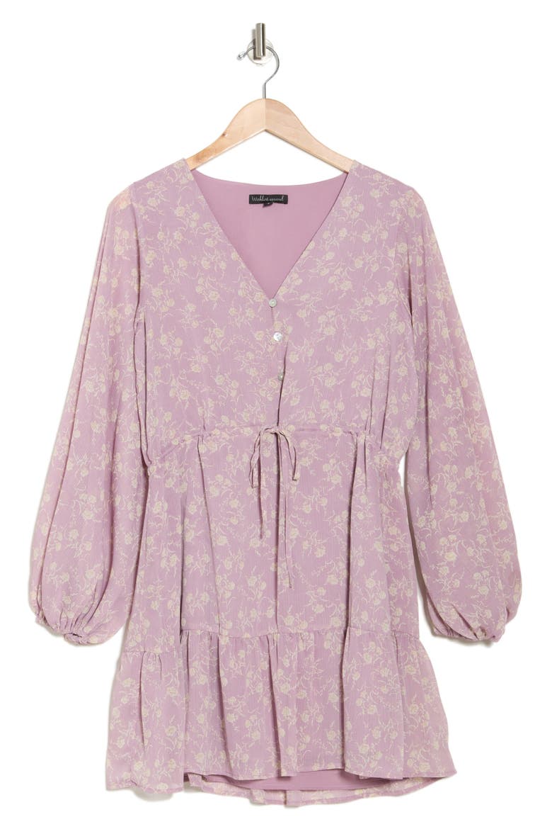 Floral Button Front Long Sleeve Tiered Minidress, Alternate, color, LAVENDER PRINT