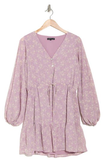 WISHLIST WISHLIST FLORAL BUTTON FRONT LONG SLEEVE TIERED MINIDRESS