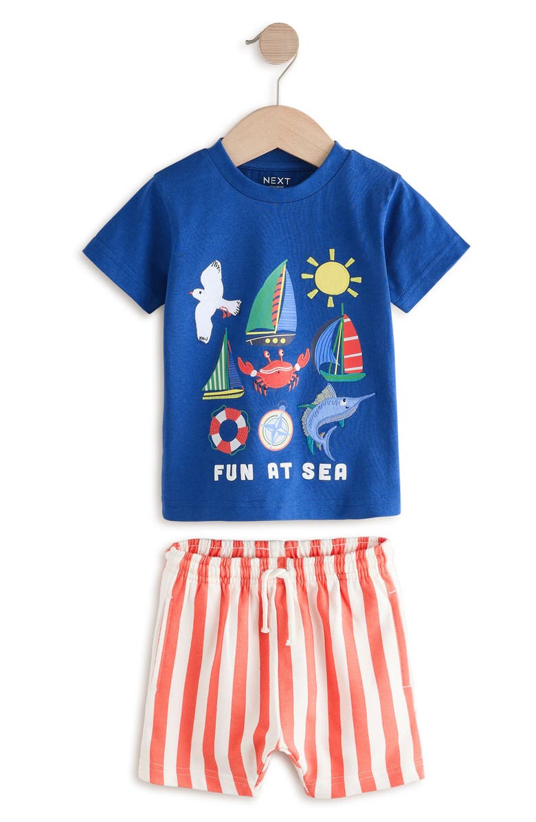 NEXT Kids' Seaside Appliqué Graphic T-Shirt & Stripe Shorts Set, Main, color,