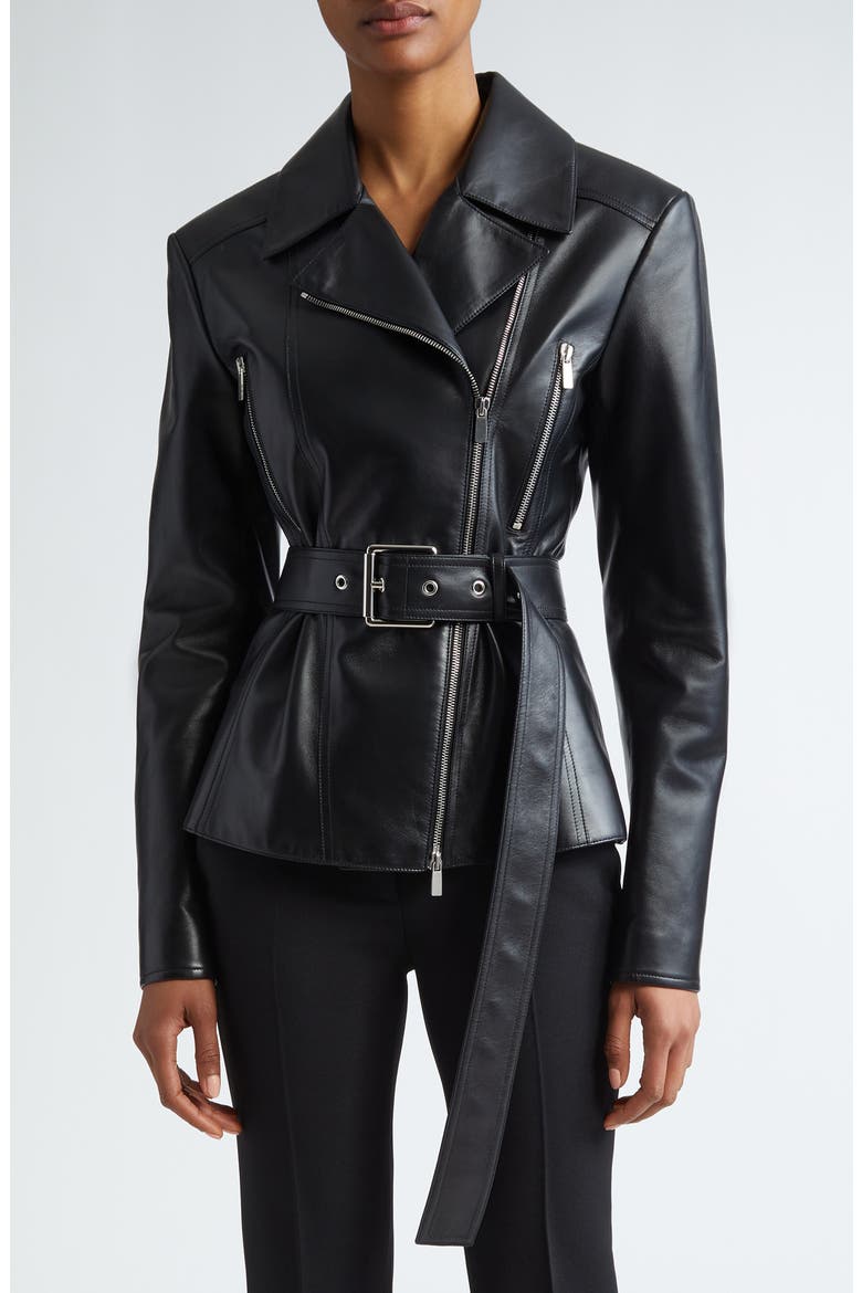 Belted Plongé Leather Moto Jacket, Main, color, BLACK