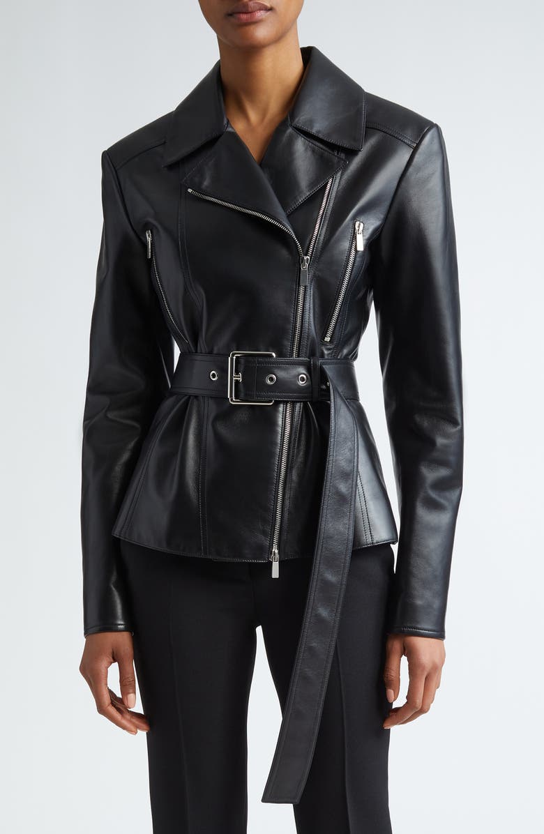 Michael Kors Collection Belted Plongé Leather Moto Jacket, Main, color, 