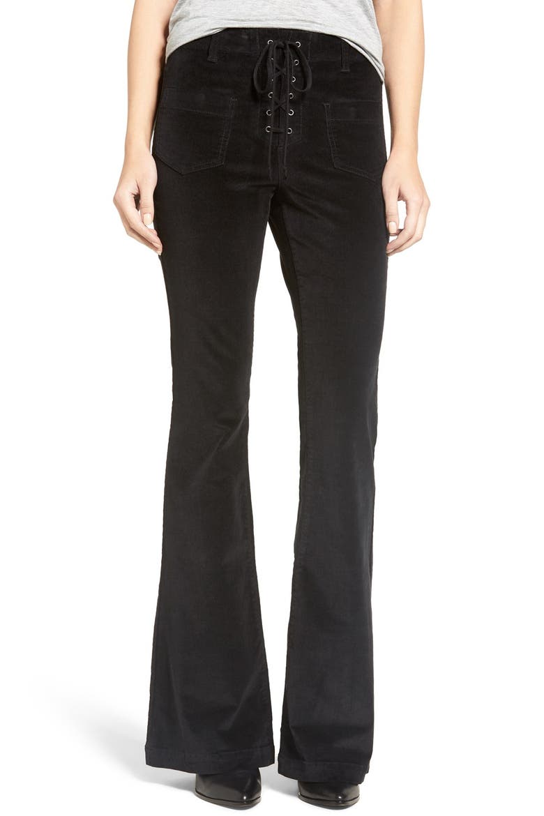 Lace-Up Flare Corduroy Pants, Main, color, BLACK